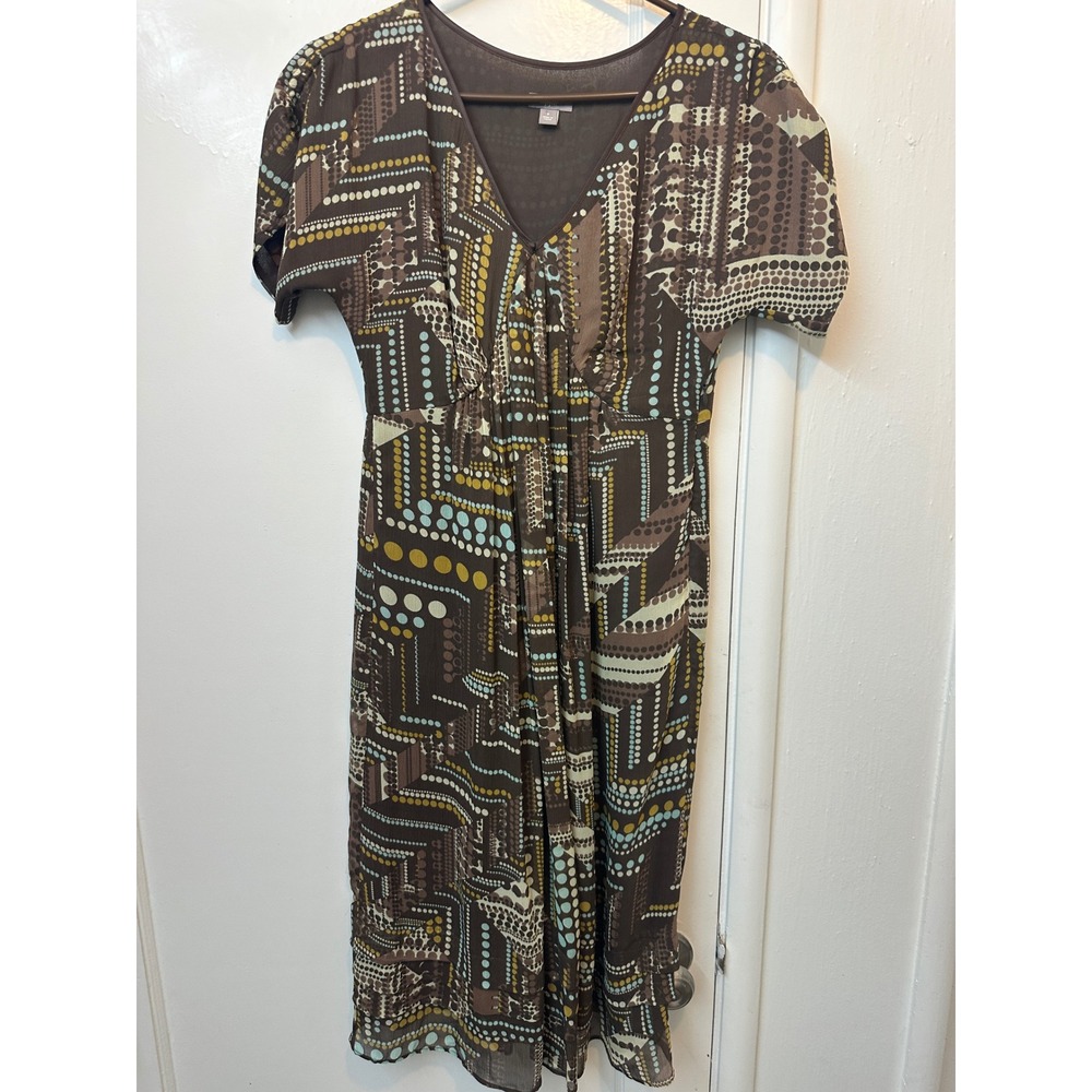 J. Jill Womens 100% Silk Geometric Dot Print V-Neck Midi Dress Brown Teal Size 6